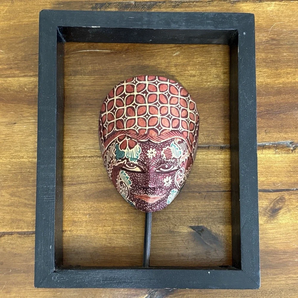 Vintage Tribal Art Mask Indonesian Batik Wooden Hand Carved Wall Hanging